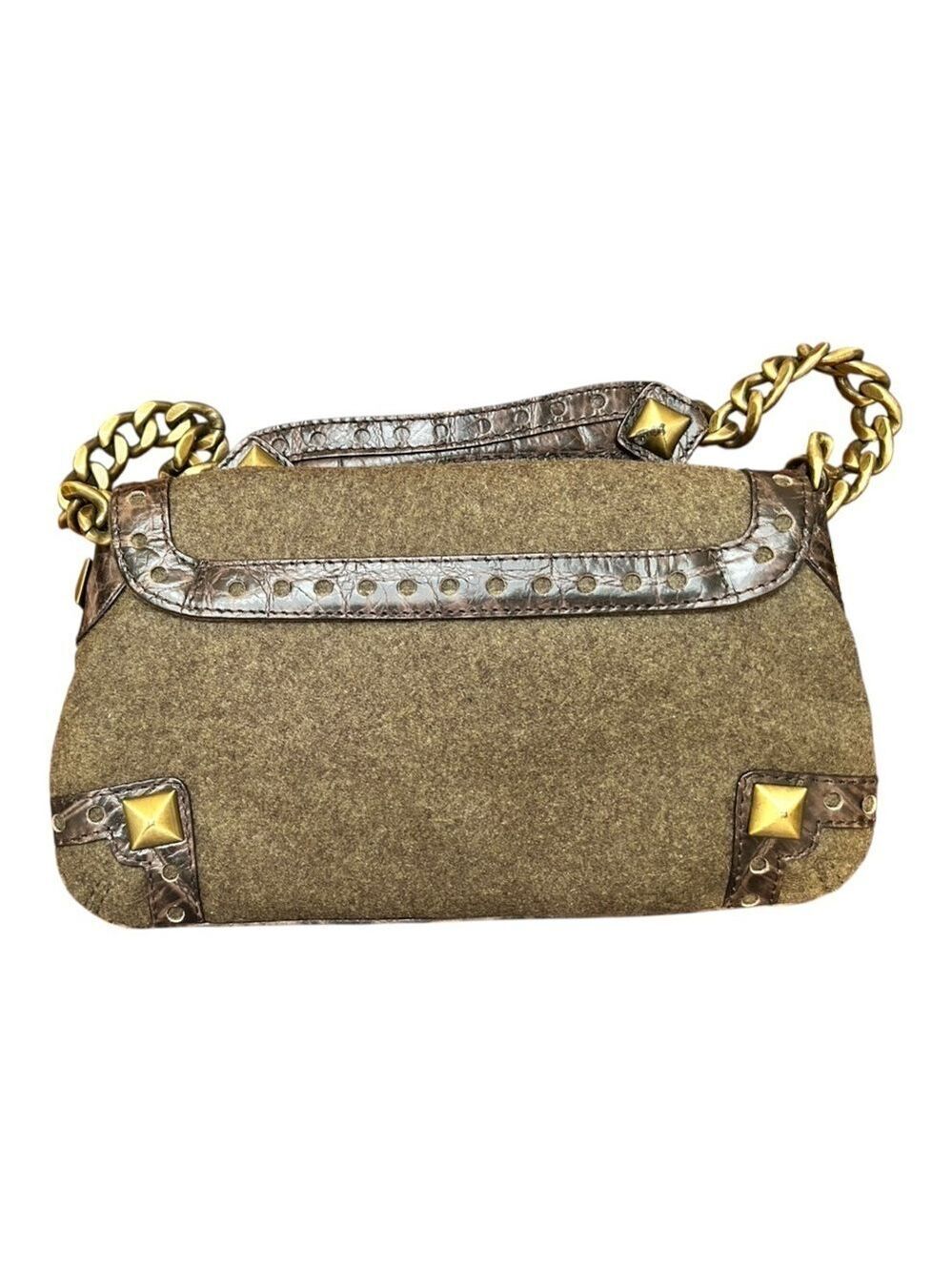 MICHAEL KORS Studs Chains Leather Fringe Vintage Army Green Wool Shoulder Bag EC - Picture 3 of 8